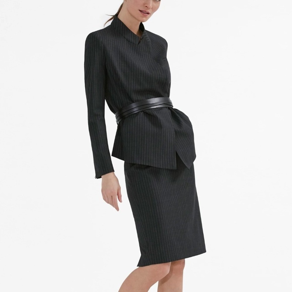 MM.LaFleur Pinstripe Skirt Suit Set 8 Charcoal Grey Wool Career Workwear Office